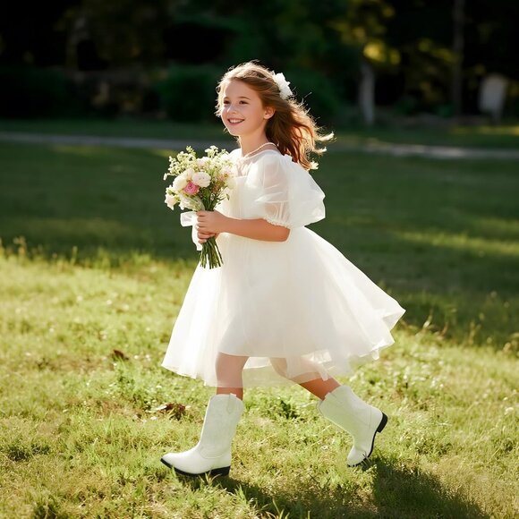 Kids Dark White  Toddler Little Cowboy Western Square Toe Riding Calf Boots - Picture 2 of 6